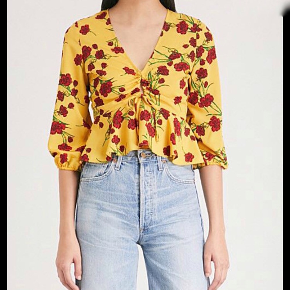 Top Shop floral ruffle crop top yellow with red flowers open tie front